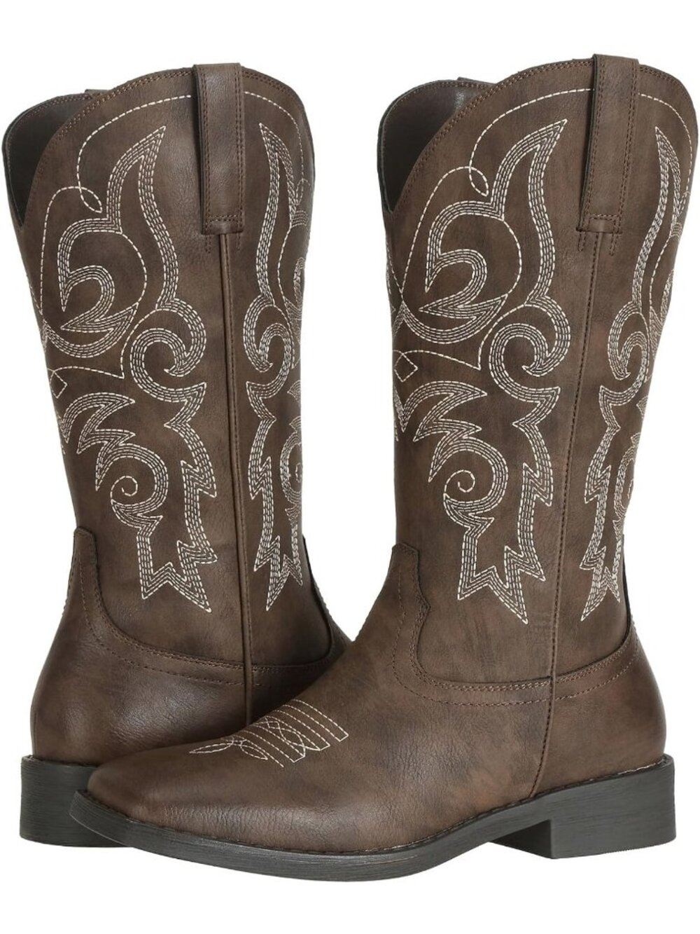 Women’s Western Cowgirl Mid Calf Square Toe Dark Brown Embroidery Riding Boots